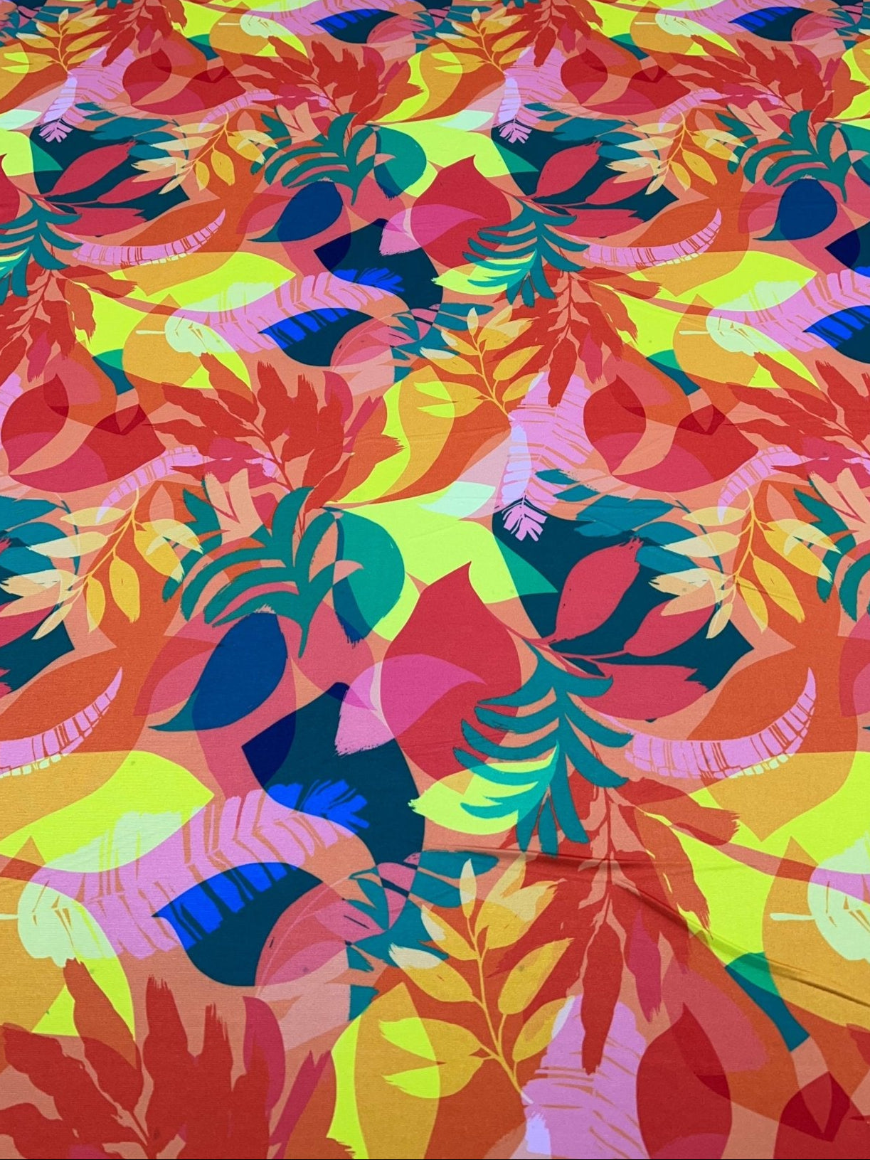 Orange Green Yellow Leaf Print ITY Fabric 4 Way Stretch - T9 Fabrics